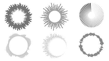 Collection of six circular designs with radial patterns on a white background layout format