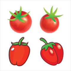  Set of Cartoon and Realistic Red Tomatoes and Peppers, Vector Illustration