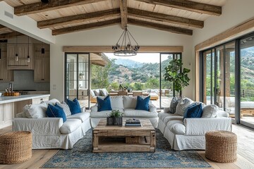 Modern farmhouse living room with white walls, light wood floors and ceiling beams, blue accent pillows, large chandelier, open kitchen, and glass sliding doors leading to outdoor deck with valley vie