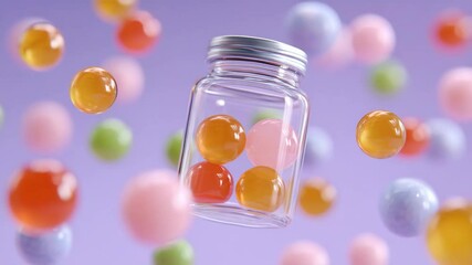 Colorful Gel Spheres Floating in a Transparent Jar Against a Soft Purple Background - Powered by Adobe