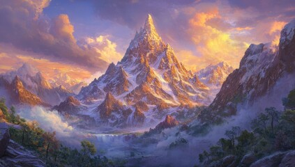 Obraz premium Majestic snow-capped mountain range at sunrise. Lush valley below