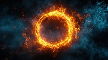 Fototapeta premium Glowing orange ring surrounded by blue smoke and chalk texture, abstract visual with dramatic lighting, modern contrast, and surreal atmosphere, 32k Resolution