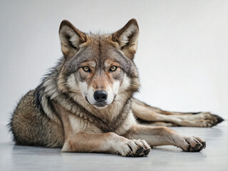 Obraz premium A full-body image of a wolf lying on its belly