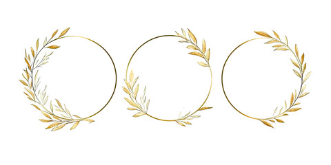Obraz premium Set of three elegant gold vector wreath frames with hand drawn minimalist leaf branches arranged in circular borders for decorative design and invitations