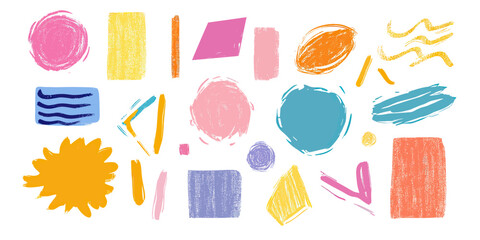 Abstract colorful crayon doodle shapes collection with brush stroke texture in pink, blue, orange, yellow, and purple on white background vector illustration