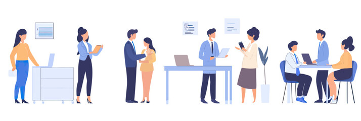 Business people collaborating and working together in office environment, discussing documents, using technology, and meeting at table in flat minimalist vector style illustration