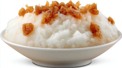 Close up of shaved ice dessert with brown sugar topping in white bowl studio shot food photography