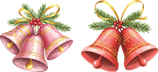 Watercolor Christmas Bells with Ribbon and Evergreen