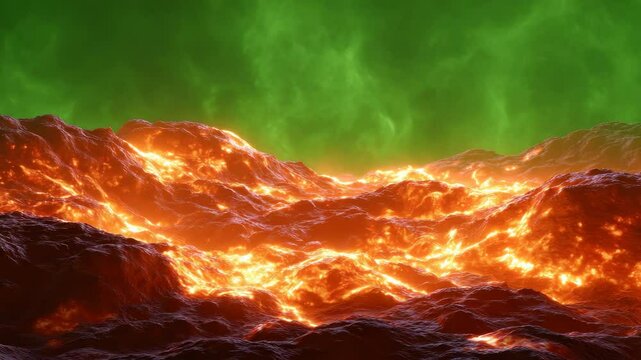 Intense View of Molten Lava Flowing Across Rocky Terrain Under Dramatic Green Sky