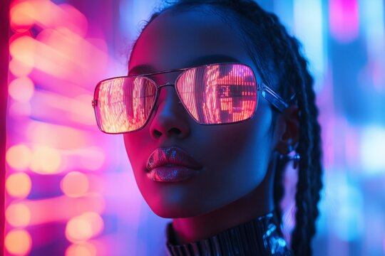 a virtual fashion show in the metaverse, featuring avatars modeling futuristic outfits, surrounded by glowing geometric visuals, with a vibrant and immersive atmosphere