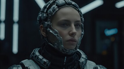 Naklejka premium Close up of a woman wearing a futuristic helmet and armor in a dark and technological environment