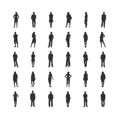 Vector set of minimalist people silhouettes in various standing and posing positions. Clean, versatile design perfect for business, lifestyle, and creative projects.