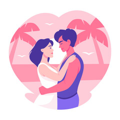 A flat style illustration showing a couple doing beach romance