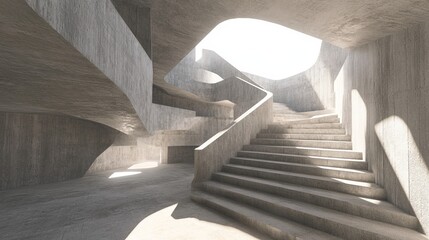 Obraz premium Abstract concrete architectural interior. Sunlight streams into a modern, winding staircase and hallway