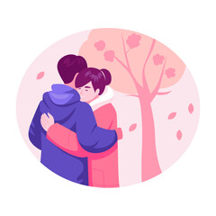 A flat style illustration showing a couple giving hug to each other