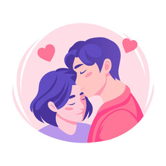 Flat style illustration showing a husband giving forehead kiss to his wife