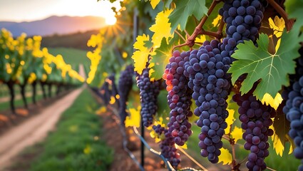 Sunset Over a Vineyard with Ripe Purple Grapes