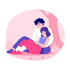 A flat style illustration showing park romance of couple sitting under tree
