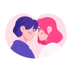 A flat style illustration showing a couple eye contact