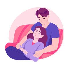 A young couple relaxing together on a couch, flat style illustration
