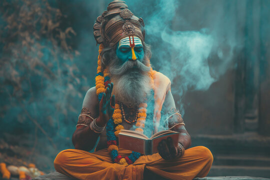 A wise and ancient Indian sage meditates with an open book amidst rising smoke. Generative AI