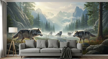 Serene Wolf Pack Mountain Mural: Misty Dawn