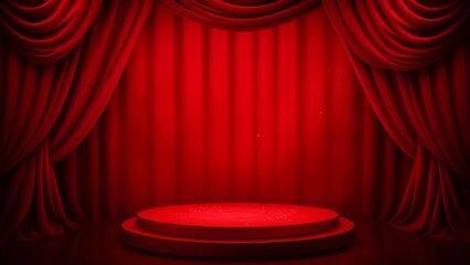 Dramatic red stage setting with circular podium and velvet curtains
