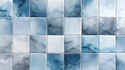 Abstract blue and white square tiles arranged in a grid pattern with watercolor effects design