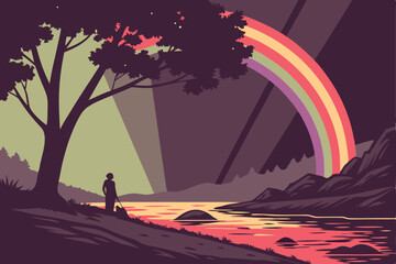 Fototapeta premium 23 glowing rainbow arch, vibrant colors, digital art, 4k, surreal landscape, minimal background, dark environment, dramatic lighting, reflective water surface, cinematic composition