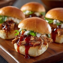 Delicious homemade mini pulled pork sliders with barbecue sauce fresh greens and creamy topping served on a wooden tray for appetizer or snack