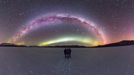 Three figures stand on a frozen lake, gazing at a stunning display of the Milky Way galaxy arcing above, with vibrant aurora borealis lights below.
