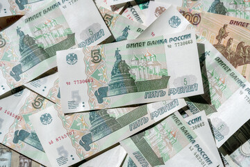 Close-up of Russian banknotes. Denomination of five and a hundred rubles.