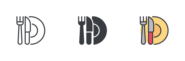 Fork, knife, and plate different style icon set