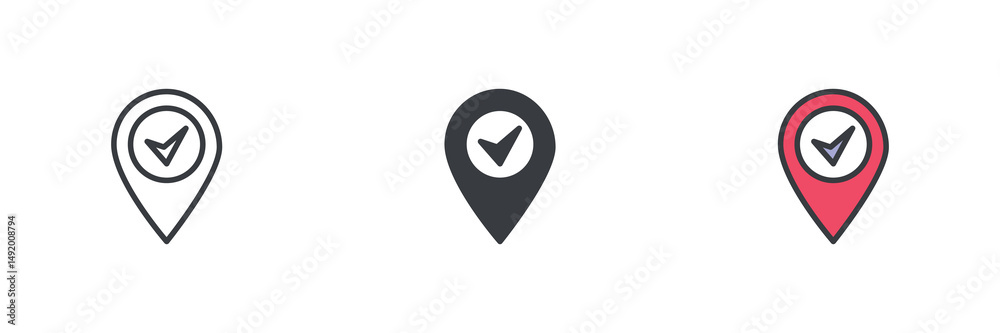 Poster Map Pin with check mark different style icon set