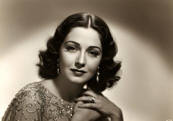 Obraz premium Vintage Hollywood Glamour Portrait of a Graceful Woman Elegant Dress, Curly Hair, and Pearl Earrings.