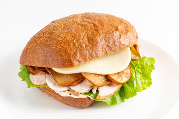 Tasty sandwich with juicy chicken, golden potatoes, fresh lettuce, and melted cheese