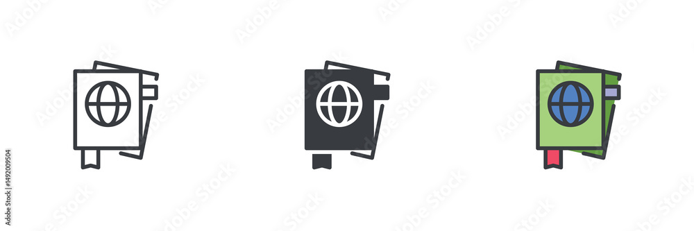 Poster Passport with globe different style icon set