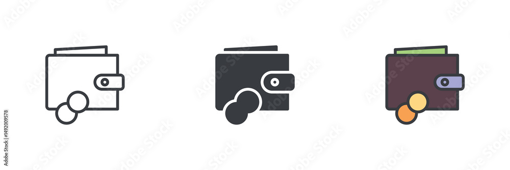 Poster money wallet with coins different style icon set