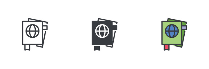 Passport with globe different style icon set
