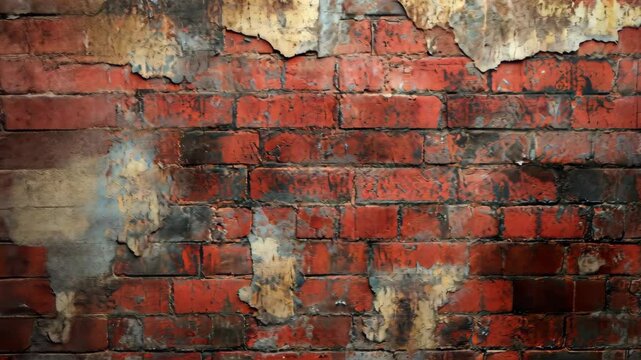 Weathered red brick wall texture, showing age, decay, and discoloration.  Patches of missing plaster reveal underlying brickwork
