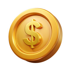 A golden dollar sign, a gold coin with a dollar symbol, represents wealth and finance as a 3D illustration of American currency