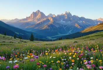 Vibrant wildflowers bloom under serene mountains at sunrise in Dolomites