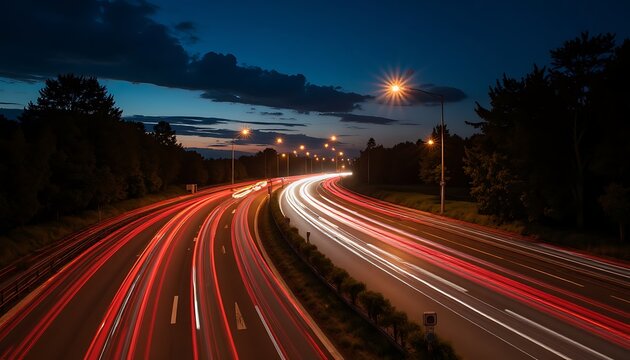 Highway at Night with Car Light Trails Long Exposure Photography