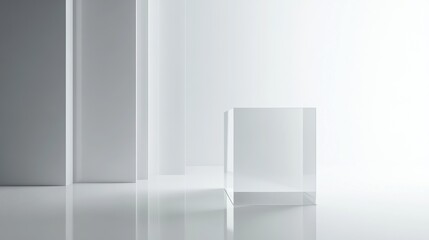 Fototapeta premium Transparent glass cube on white background with subtle light reflections and gray vertical planes.