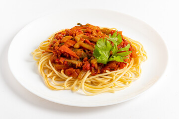 A tempting plate of spaghetti with vibrant veggies and savory tomato sauce awaits