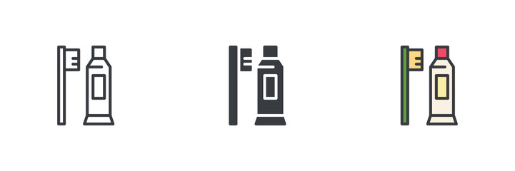 Toothbrush and toothpaste different style icon set