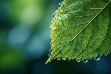 Extreme Close-Up Macro Shot of Dew-Covered Green Leaf - AI Generated