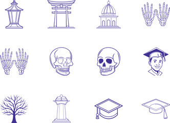 Outline images present lantern, torii gate, capitol building, skeleton hands, skull, graduation objects over transparent background