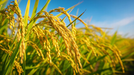 黄金色に実った稲穂と青空が広がる豊かな田園風景