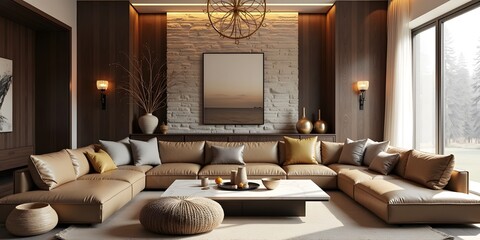 Rustic luxe living room, taupe, gold, wood, elegant, cozy, inviting.